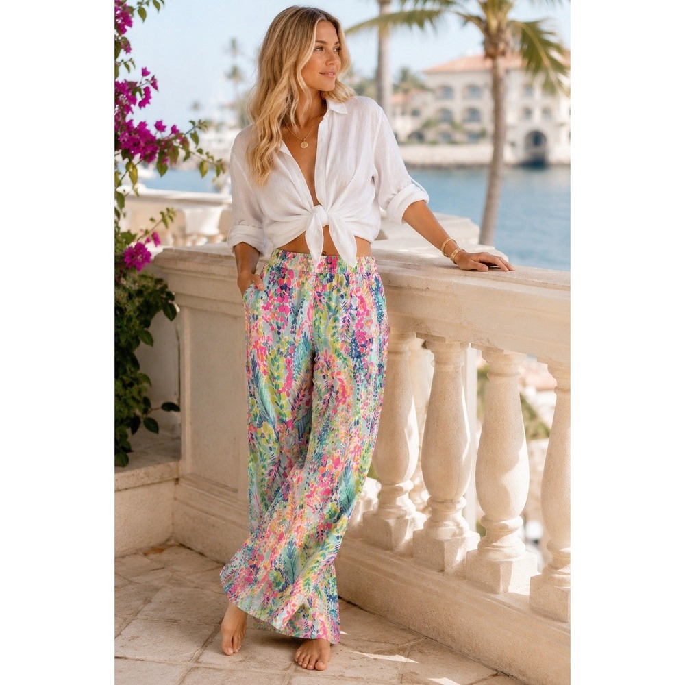 Lilly Pulitzer Pastel Floral Wide Leg Pants - Pink, Green & Blue